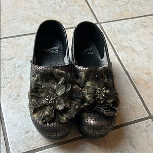 Dansko Black Mules with Decorative Design